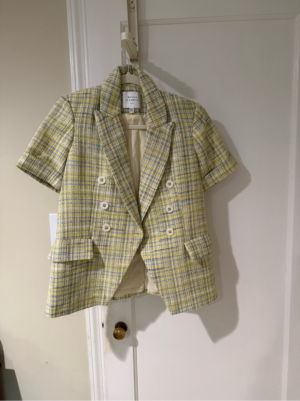 Short-Sleeve Yellow Plaid Double-Breasted Blazer